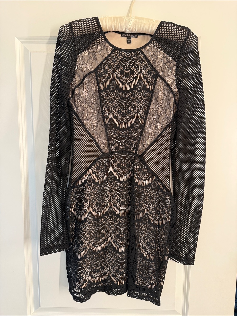Express Black Lace Overlay Long Sleeve Bodycon Dress with Nude Underlay